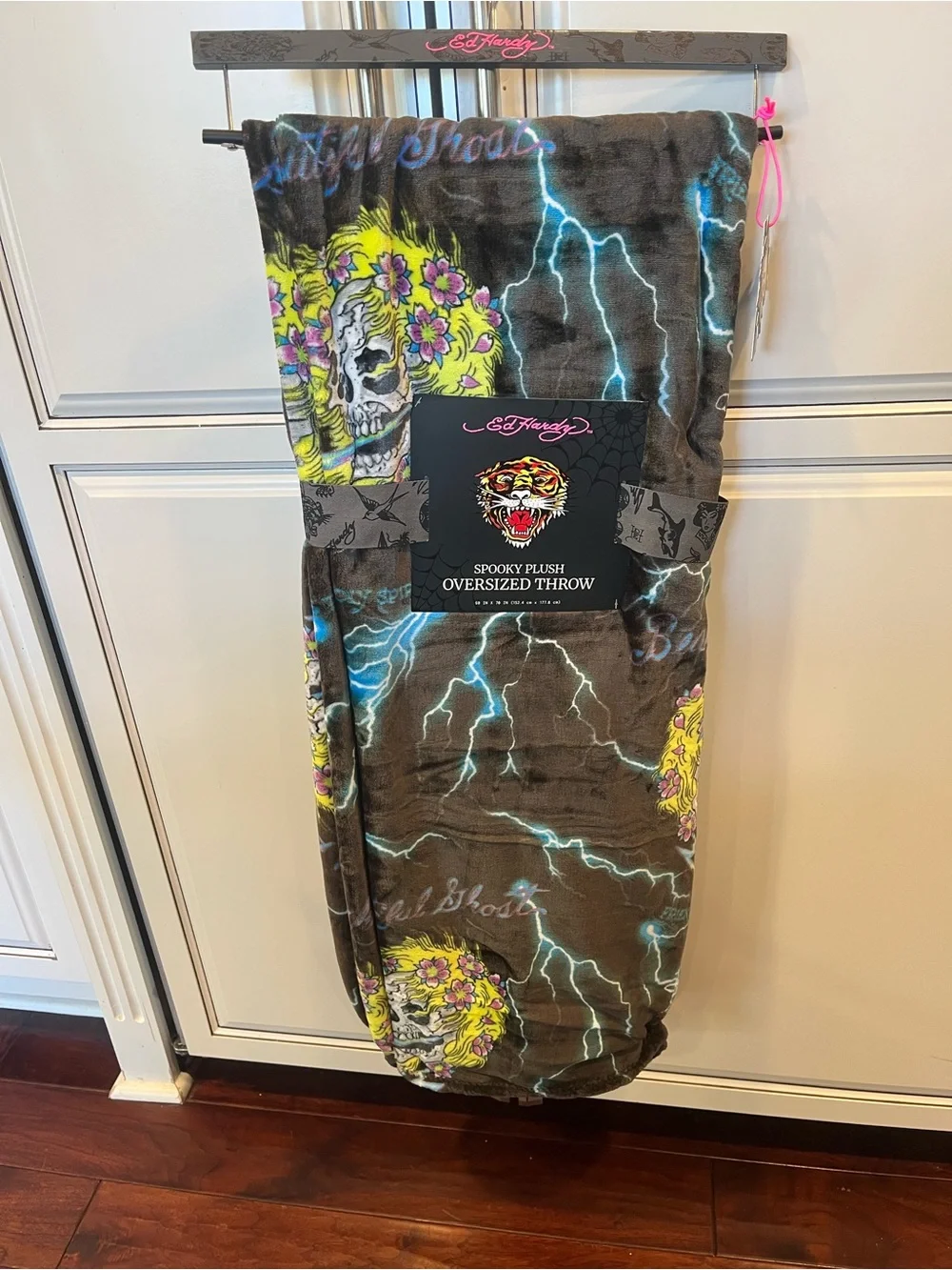 Ed Hardy Halloween Spooky Plush Oversized Throw Blanket - Skull & Lightning